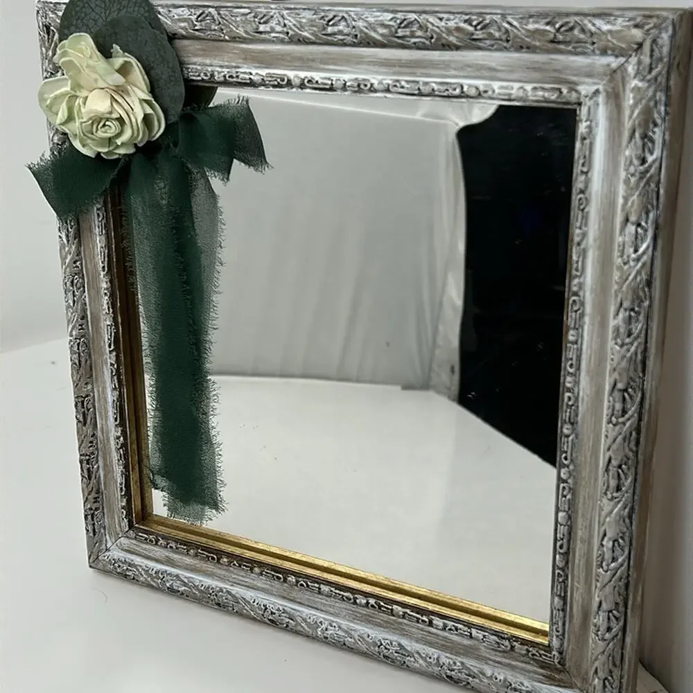 Hand Painted & Distressed Mirror Paper Rose & Green Chiffon Bow